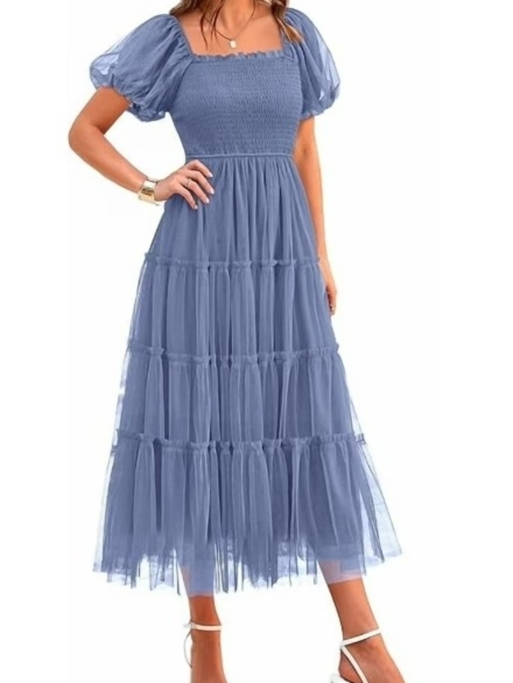 PrettyGarden Dusty Blue Off-Shoulder Tulle Midi Dress - Picture 10 of 14
